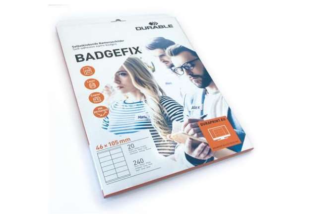 Immagine di Badge adesivi Badgefix - 20 fogli con 12 badge 46x105 mm - Durable