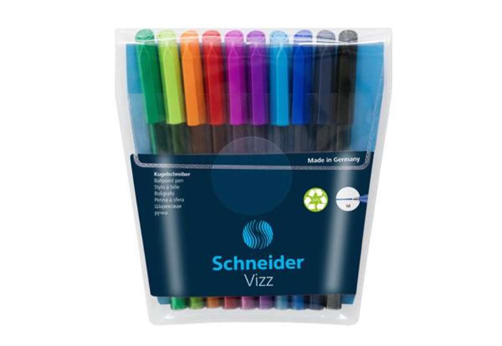 Immagine di Penne a sfera Vizz - con cappuccio - punta media - colori assortiti - Schneider - astuccio 10 pezzi