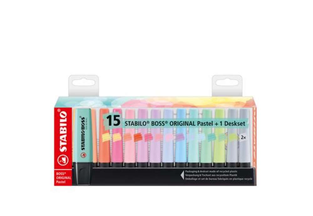 Immagine di Evidenziatore Stabilo Boss Pastel - colori assortiti - tratto 2 - 5 mm - Stabilo - deskset 15 pezzi