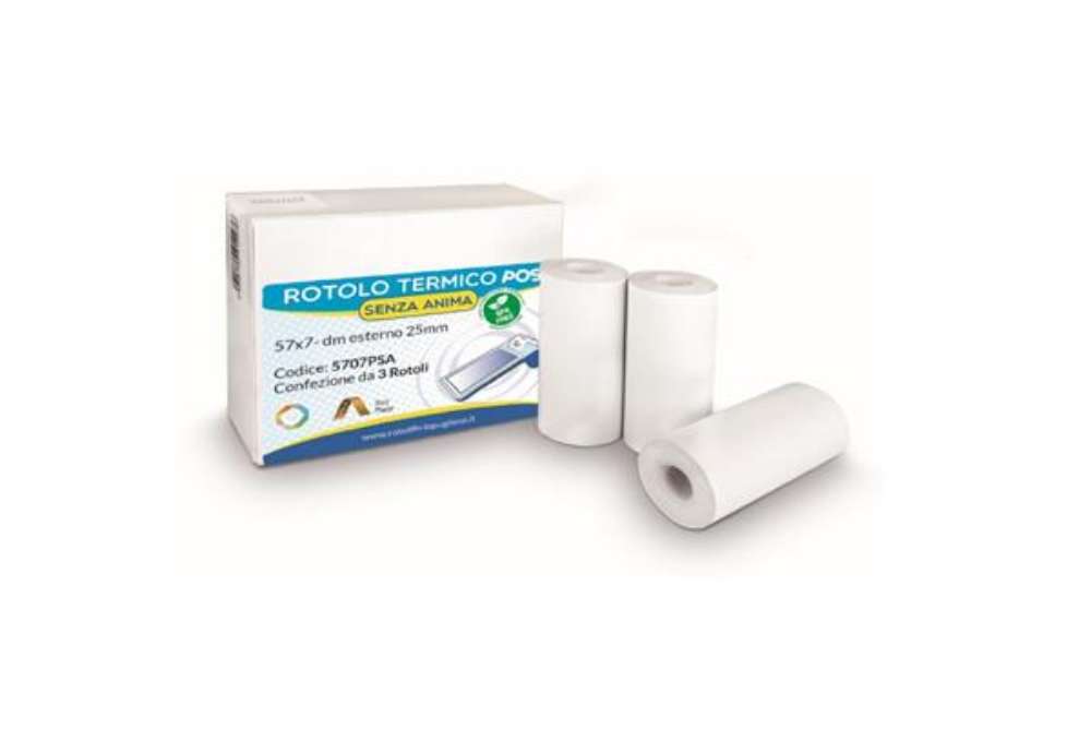Immagine di Rotolo per POS e carta di credito - 57 mm x 7 m - 55 gr - diametro esterno 25 mm - senza anima - car