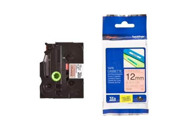 Immagine di Brother - Nastro laminato fluorescente - Nero/Arancio fluo - TZEB31 - 12mm x 5mt