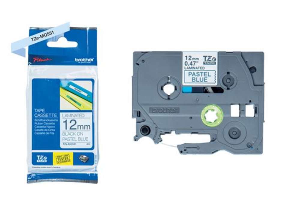 Immagine di Brother - Nastro laminato pastello - Nero/Blu - TZEMQ531 - 12mm x 4 mt