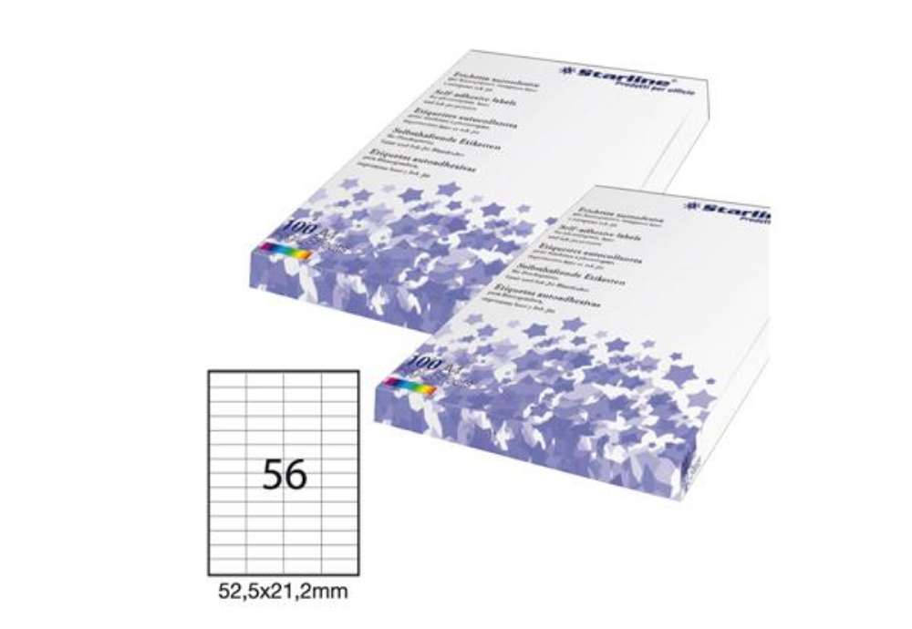 Immagine di Etichette adesive - in carta - permanenti - 52,5 x 21,2 mm - 56 et/fg - 100 fogli - bianco - Starlin