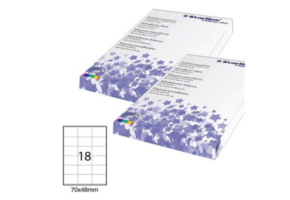 Immagine di Etichette adesive - in carta - permanenti - 70 x 48 mm - 18 et/fg - 100 fogli - bianco - Starline