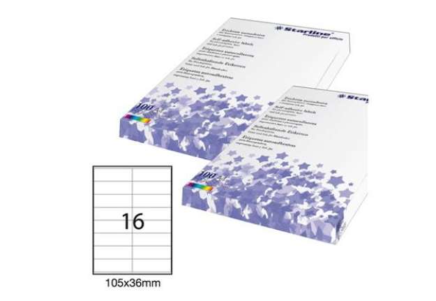 Immagine di Etichette adesive - in carta - permanenti - 105 x 36 mm - 16 et/fg - 100 fogli - bianco - Starline