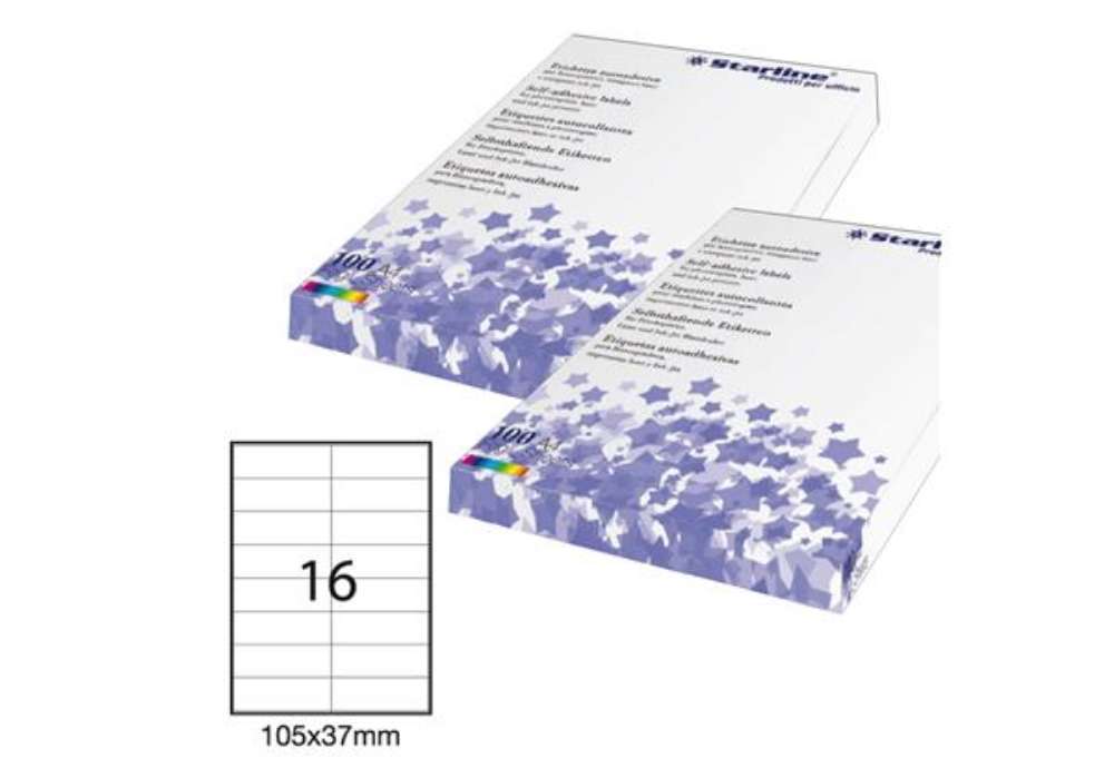 Immagine di Etichette adesive - in carta - permanenti - 105 x 37 mm - 16 et/fg - 100 fogli - bianco - Starline