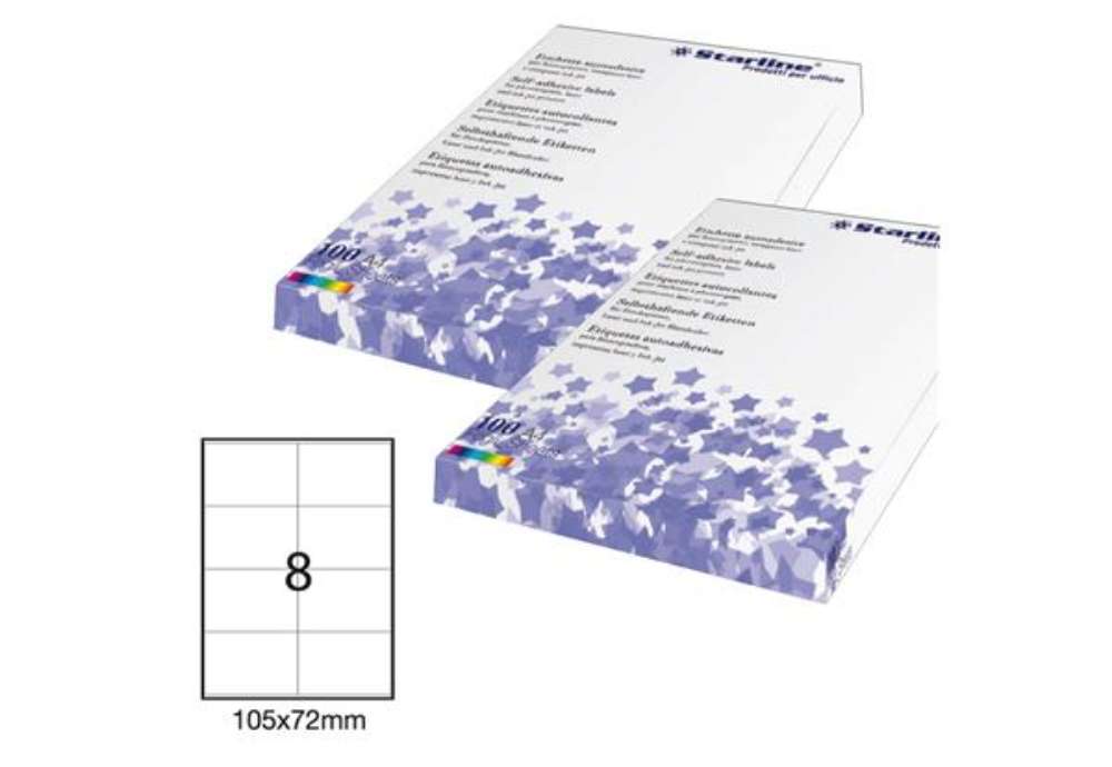 Immagine di Etichette adesive - in carta - permanenti - 105 x 72 mm - 8 et/fg - 100 fogli - bianco - Starline