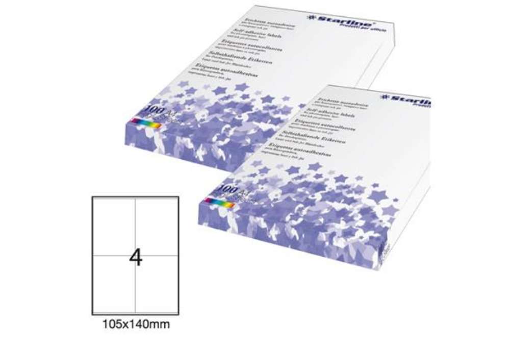Immagine di Etichette adesive - in carta - permanenti - 105 x 140 mm - 4 et/fg - 100 fogli - bianco - Starline