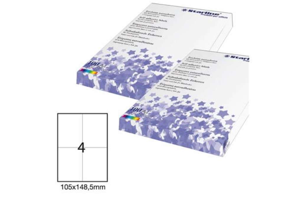 Immagine di Etichette adesive - in carta - permanenti - 105 x 148,5 mm - 4 et/fg - 100 fogli - bianco - Starline