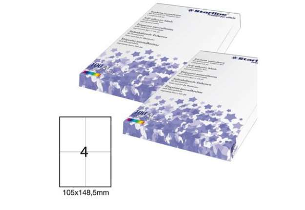 Immagine di Etichette adesive - in carta - permanenti - 105 x 148,5 mm - 4 et/fg - 100 fogli - bianco - Starline