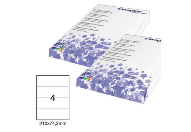 Immagine di Etichette adesive - in carta - permanenti - 210 x 74,2 mm - 4 et/fg - 100 fogli - bianco - Starline