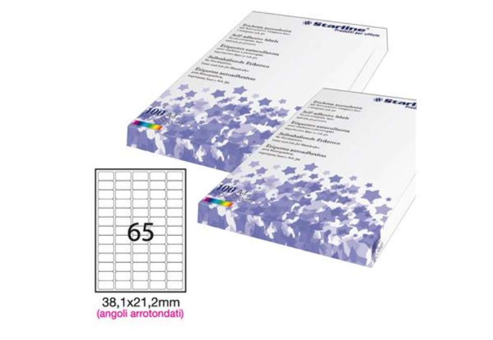 Immagine di Etichette adesive - in carta - angoli arrotondati - permanenti - 38,1 x 21,2 mm - 65 et/fg - 100 fog