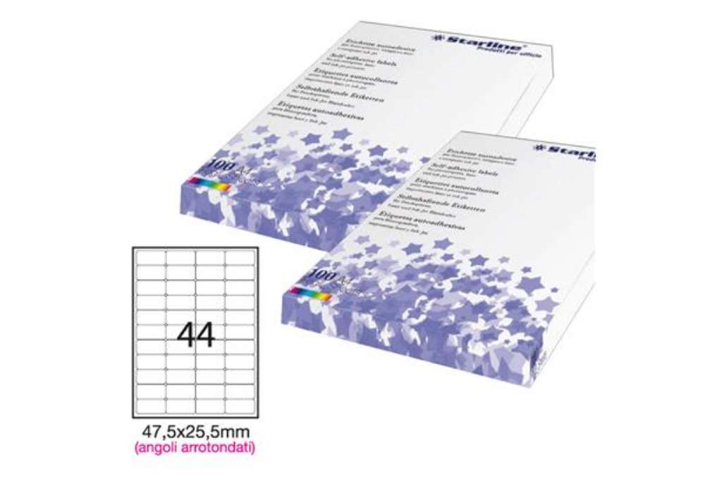 Immagine di Etichette adesive - in carta - angoli arrotondati - permanenti - 47,5 x 25,5 mm - 44 et/fg - 100 fog