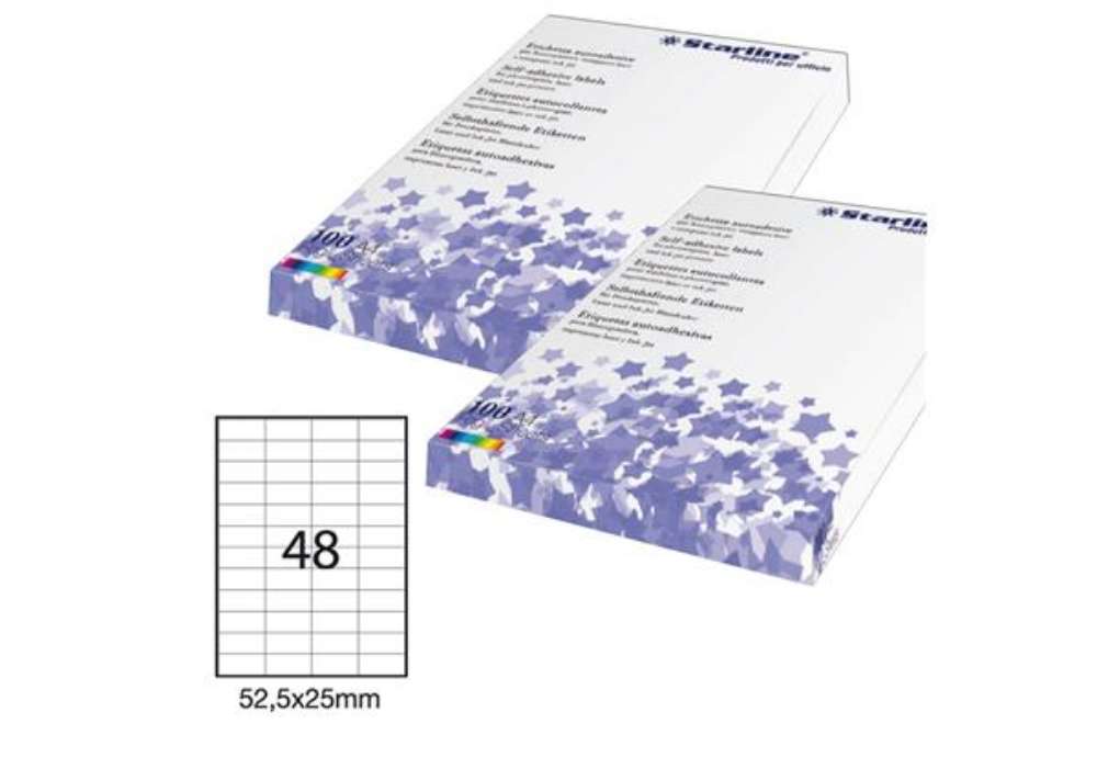 Immagine di Etichette adesive - in carta - permanenti - 52,5 x 25 mm - 48 et/fg - 100 fogli - bianco - Starline