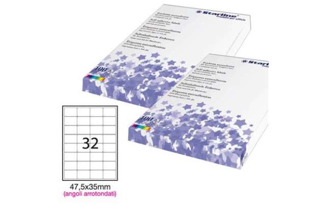 Immagine di Etichette adesive - in carta - angoli arrotondati - permanenti - 47,5 x 35 mm - 32 et/fg - 100 fogli