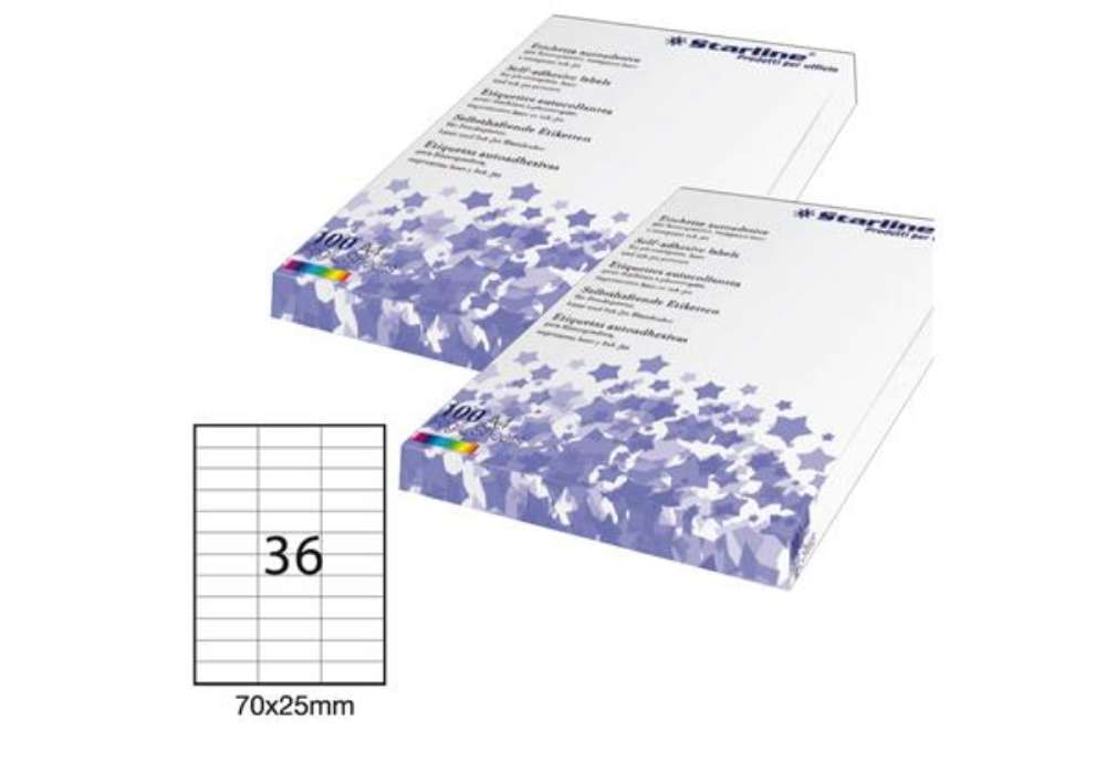 Immagine di Etichette adesive - in carta - permanenti - 70 x 25 mm - 36 et/fg - 100 fogli - bianco - Starline