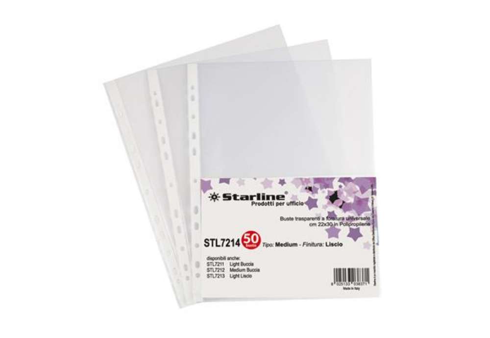 Immagine di Buste forate Medium - liscio - 22 x 30 cm - trasparente - Starline - conf. 50 pezzi