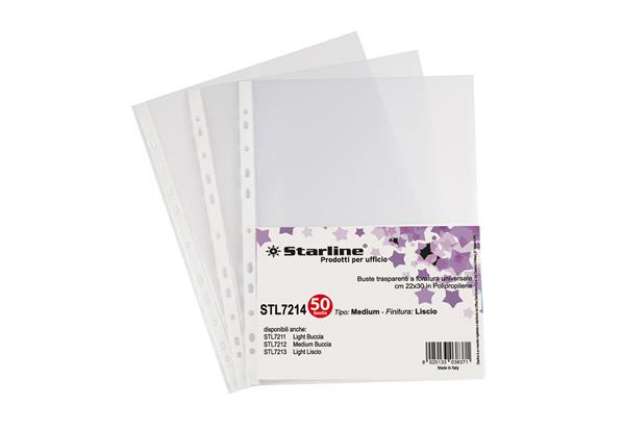 Immagine di Buste forate Medium - liscio - 22 x 30 cm - trasparente - Starline - conf. 50 pezzi
