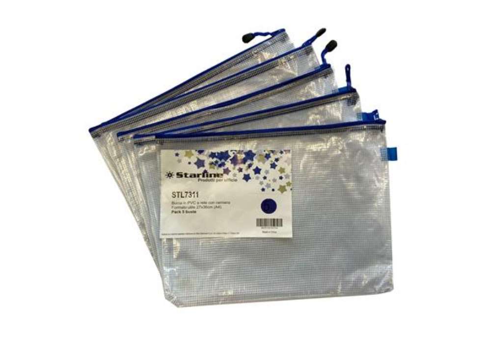 Immagine di Busta a rete con cerniera blu- PVC - 27 x 36 cm - trasparente - Starline