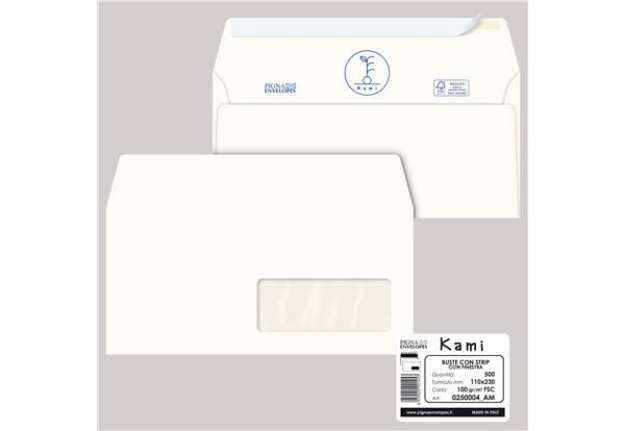 Immagine di Busta a sacco Kami Strip - con finestra - 11 x 23 cm - 100 gr - carta riciclata FSC - bianco - Pigna