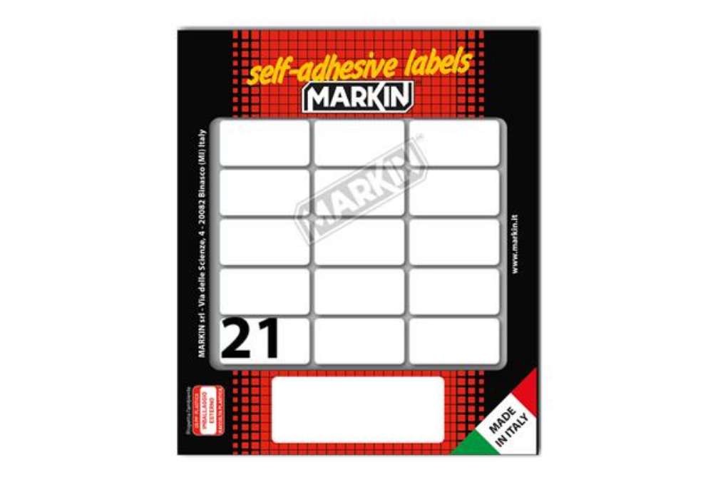 Immagine di Etichette adesive - in carta - permanenti - 37 x 19 mm - 21 et/fg - 10 fogli - bianco - Markin
