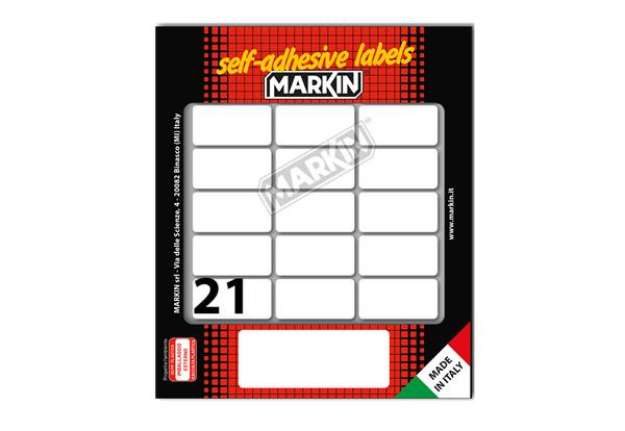 Immagine di Etichette adesive - in carta - permanenti - 37 x 19 mm - 21 et/fg - 10 fogli - bianco - Markin