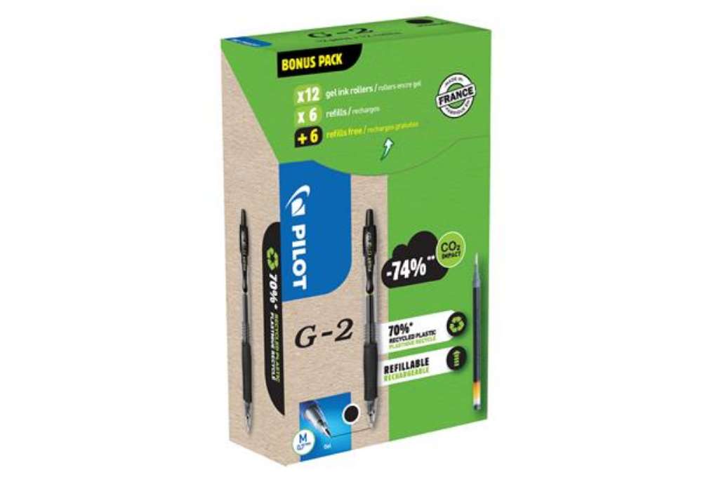 Immagine di Penna roller gel scatto G-2+ - punta 0,7 mm - 12 refill inclusi - nero - Pilot - conf. 12 pezzi