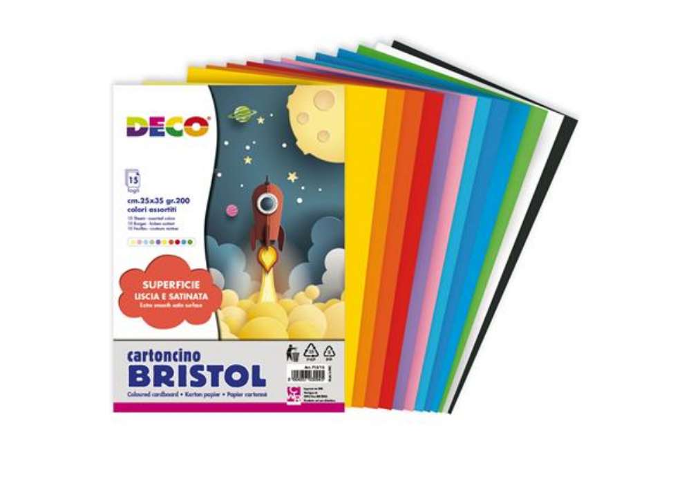 Immagine di Cartoncino Bristol - 25 x 35 cm - 200 gr - colori assortiti - 15 fogli - Deco