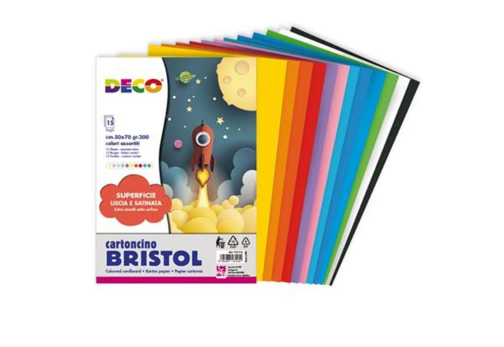 Immagine di Cartoncino Bristol - 50 x 70 cm - 200 gr - colori assortiti - 15 fogli - Deco