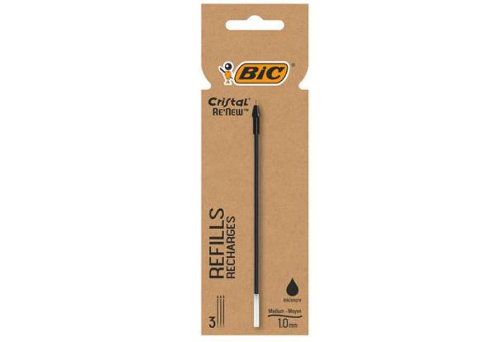 Immagine di Refill sfera Cristal Re'New - punta 1 mm - nero - Bic - blister 3 pezzi