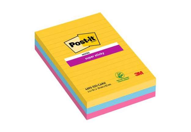 Immagine di Blocco Post-it Super Sticky - 4690-3SS-CARN - a righe - 101 x 152 mm - colori Carnival - 90 fogli -