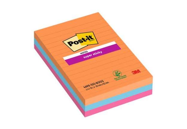 Immagine di Blocco Post-it Super Sticky - 4690-3SS-BOOS - a righe - 101 x 152 mm - colori Boost - 90 fogli - Pos