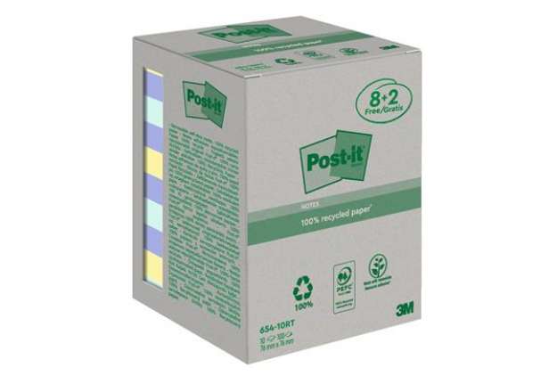 Immagine di Blocco foglietti Post-it - 654-RCP10 - 76 x 76 mm - carta riciclata - colori pastel - 100 fogli - Po