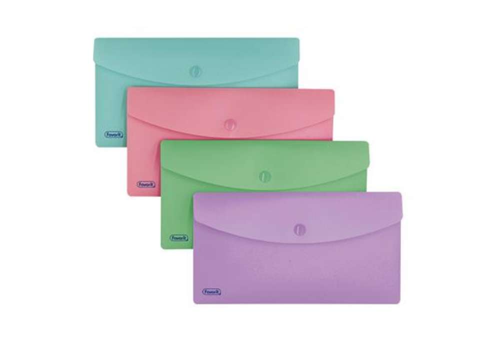 Immagine di Busta con bottone Pastel - 9,9 x 21 cm - PP - colori assortiti - Favorit - conf. 5 pezzi