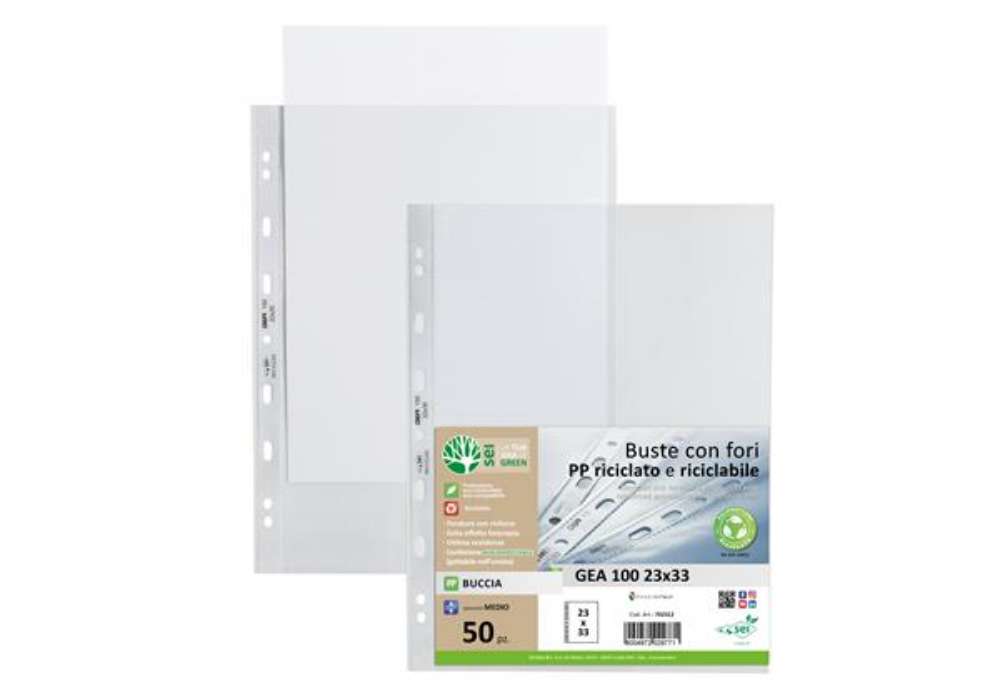 Immagine di Buste forate Gea 100 - PP riciclato - buccia medium - 23 x 33 cm - Sei rota - conf. 50 pezzi