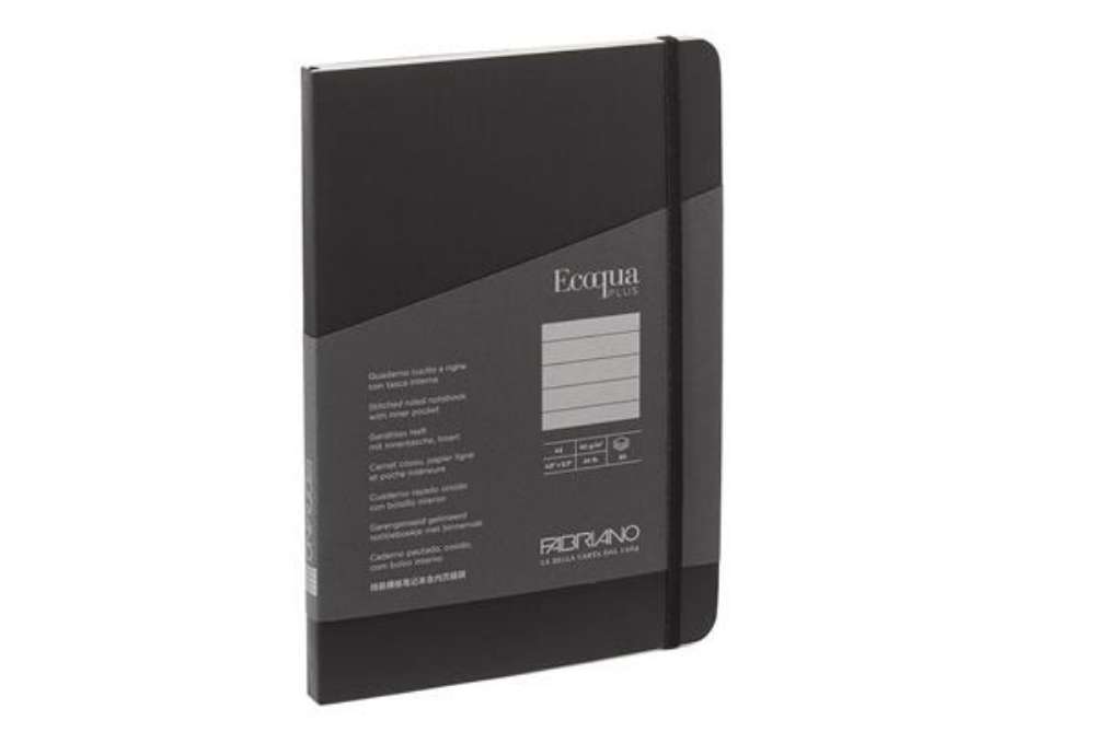 Immagine di Taccuino Ecoqua Plus - con elastico - rilegatura cucita - A5 - 5 mm - 80 fogli - righe -  nero - Fab