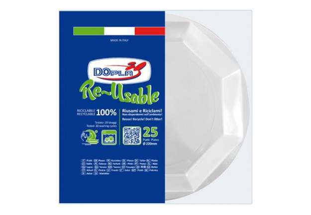 Immagine di Piatto fondo riutilizzabile - ottagonale - diametro 22 cm - PS reuse - bianco - Dopla - conf. 25 pez