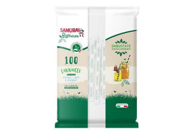 Immagine di Cannuccia in carta - 14 cm - nero/bianco-avana - imbustata singolarmente - Samurai Party - conf. 100