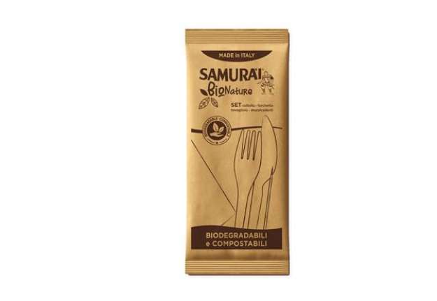 Immagine di Bis coltello forchetta - CPLA - stuzzicadenti e tovagliolo inclusi - Samurai Party - conf. 100 pezzi