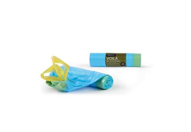 Immagine di Sacchi immondizia Perfetto 30 L 50X60 cm. azzurro / manici giallo Conf. 15 pezzi - 0359C