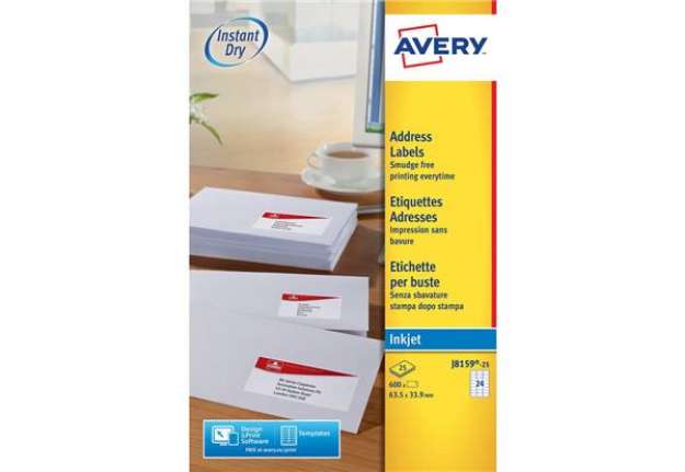 Immagine di Etichette bianche per buste AVERY QuickDRY™ 63,5x33,9 mm - 24 et/foglio - stampanti inkjet - cf. 25
