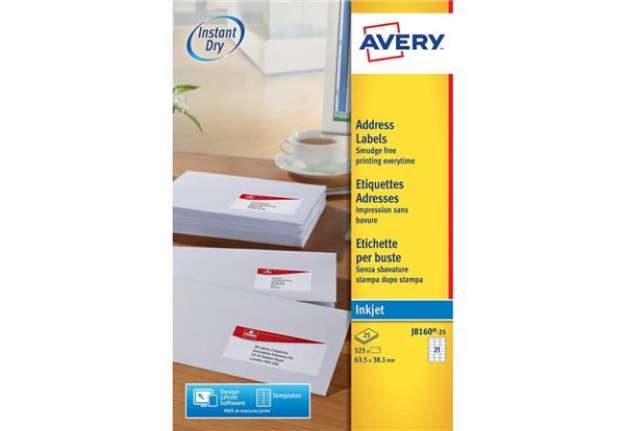 Immagine di Etichette bianche per buste AVERY QuickDRY™ 63,5x38,1 mm - 21 et/foglio - stampanti inkjet - cf. 25