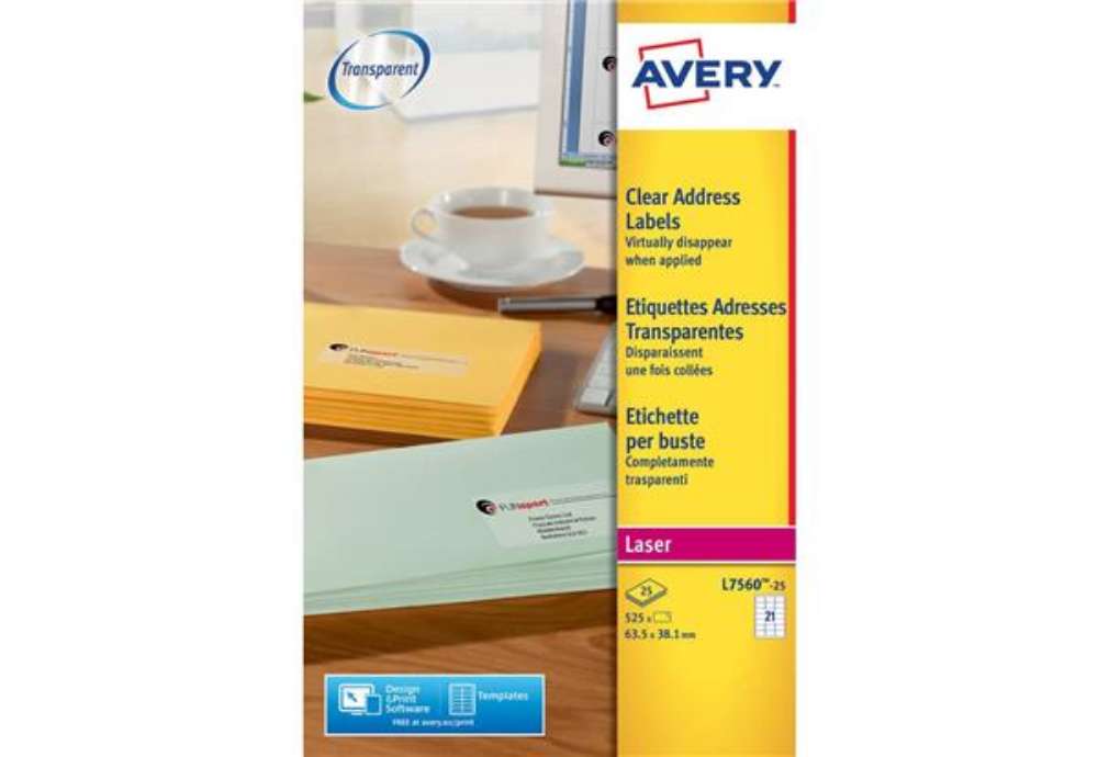 Immagine di Etichette poliestere trasparenti lucide AVERY QuickPEEL™ 63,5x38,1 mm - 21 et/foglio - laser conf. 2