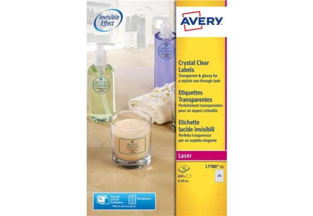 Immagine di Etichette poliestere trasparenti lucide AVERY QuickPEEL™ tonde Ø 40 mm - 24 et/foglio - laser conf.