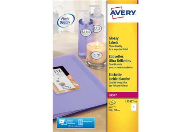 Immagine di Etichette bianche lucide Avery 210x297 mm 1 et./foglio - per stampanti laser - conf. 40 fogli - L776
