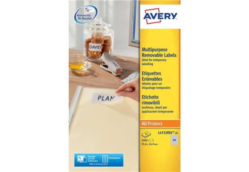 Immagine di Etichette bianche rimovibili AVERY 35,6x16,9 mm - 80 et/foglio - stampanti laser/inkjet Conf. 25 fog