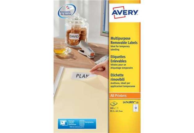 Immagine di Etichette bianche rimovibili AVERY 99,1x42,3 mm - 12 et/foglio - stampanti laser/inkjet Conf. 25 fog