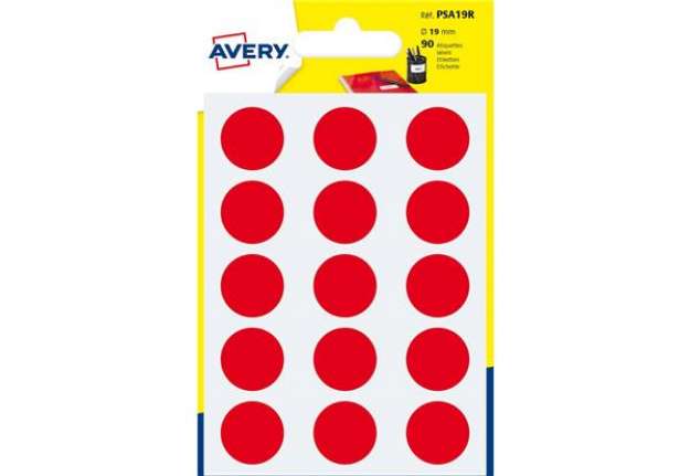 Immagine di Etichette rotonde colorate AVERY rosso Ø 19 mm - 15 et/foglio - scrivibili a mano - bustina da 6 fog