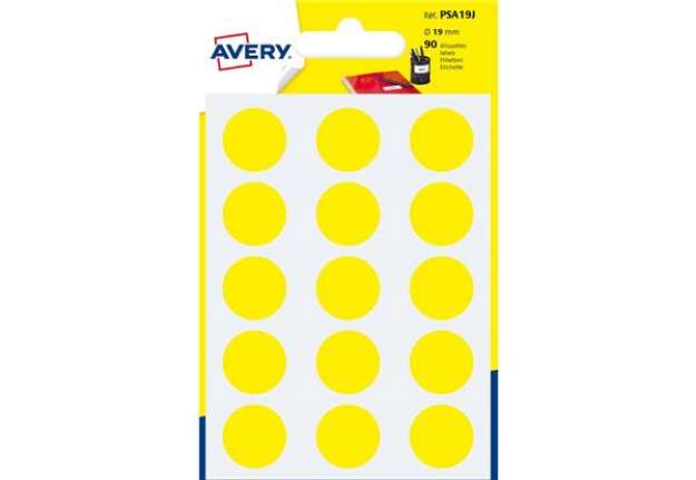 Immagine di Etichette rotonde colorate AVERY giallo Ø 19 mm - 15 et/foglio - scrivibili a mano - bustina da 6 fo