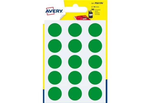 Immagine di Etichette rotonde colorate AVERY verde Ø 19 mm - 15 et/foglio - scrivibili a mano - bustina da 6 fog